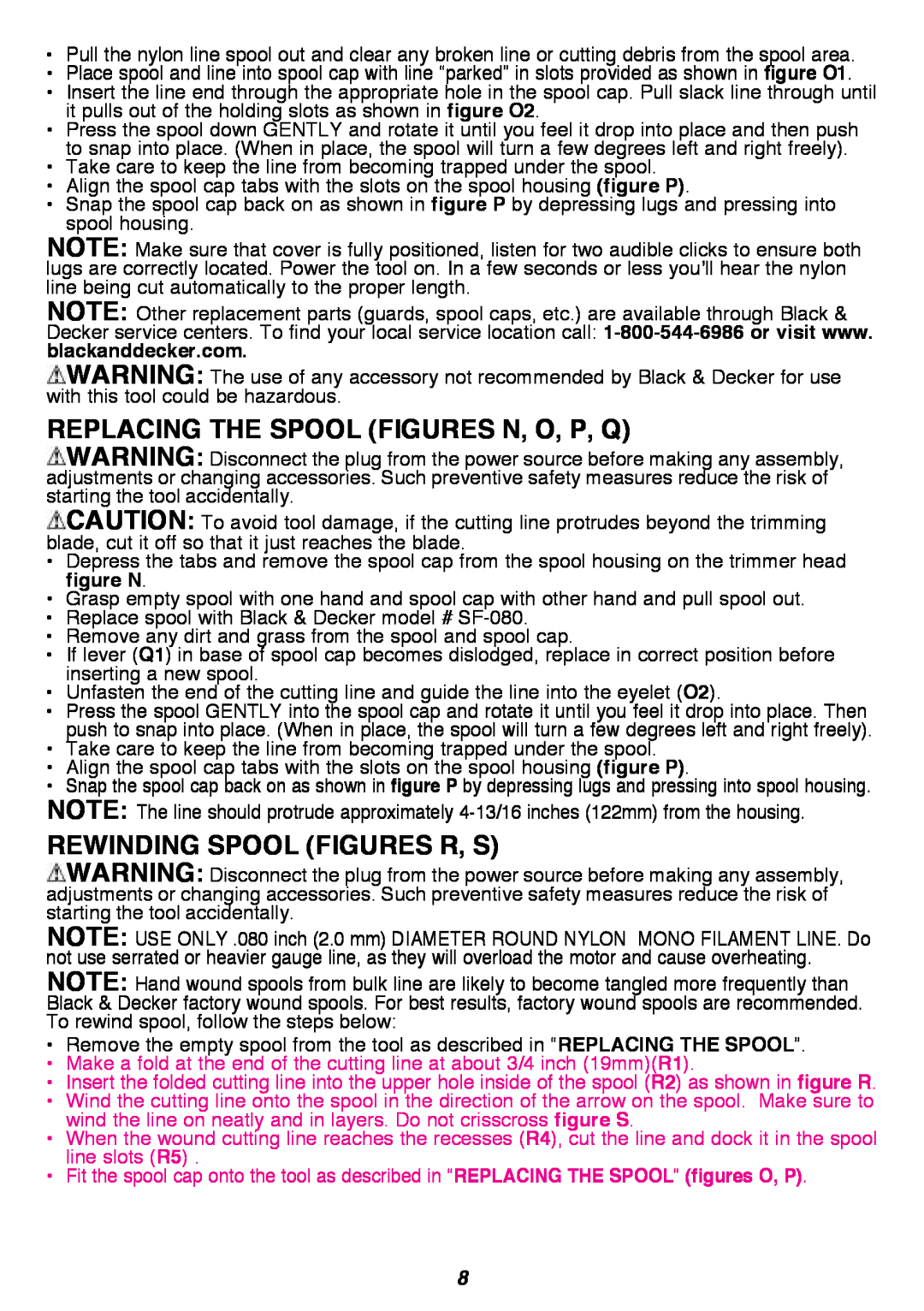 Black & Decker SF-080 instruction manual REPLACING THE SPOOL figures N, O, P, Q, REWINDING SPOOL figures R, S 